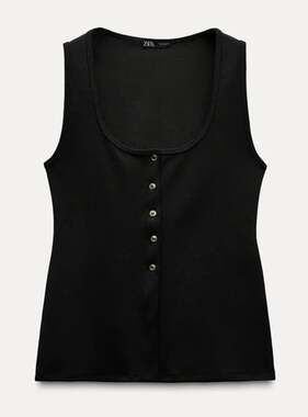 Zara Black Ribbed Knit Tank Top Gold Tone Buttons Womens Small Ref 1165/492